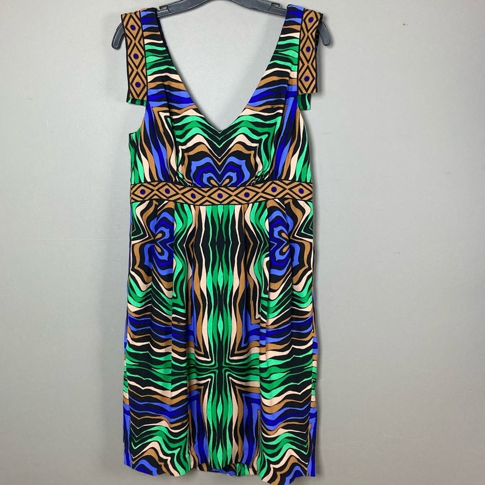 Tibi dress size 10 silk tribal sleeveless v-neck knee-length midi print colorful